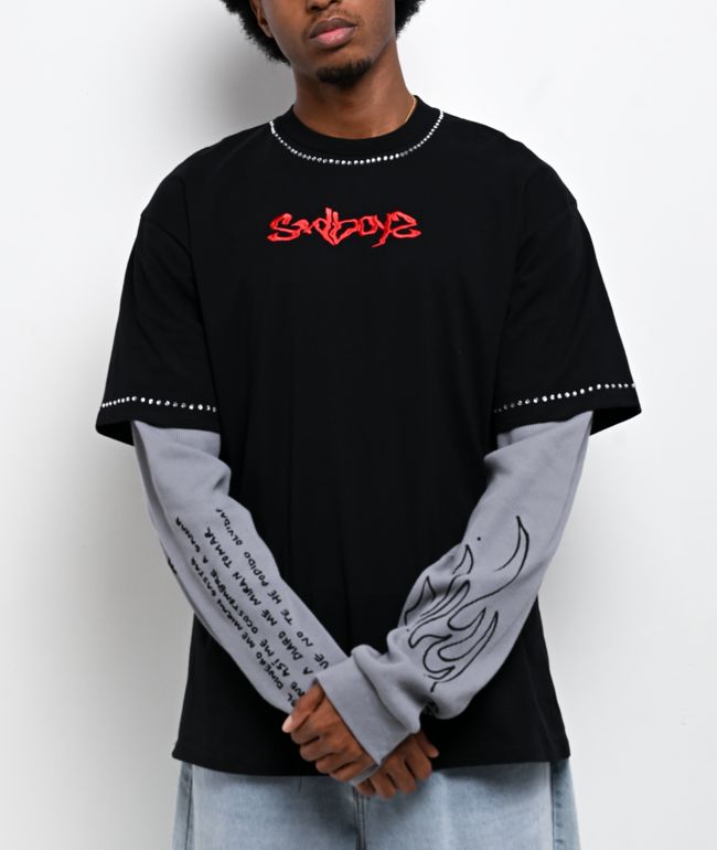 $AD BOYZ by Junior H Flames Black & Grey 2fer Long Sleeve T-Shirt - SAD BOYZ