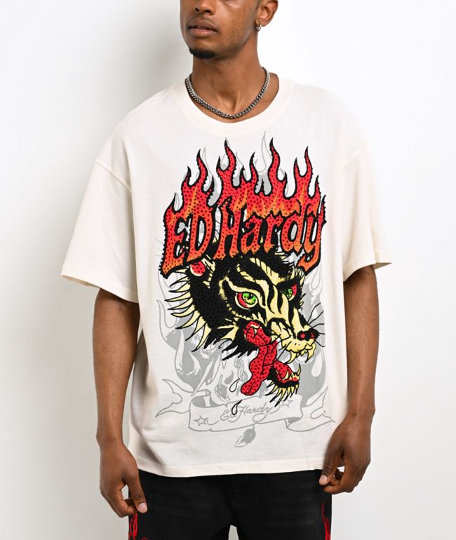 Ed Hardy Wolf Head Ivory Boxy T-Shirt - Ed Hardy