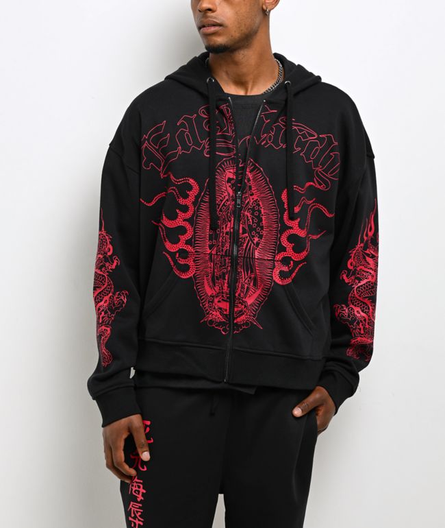 Ed Hardy Mary Dragons Black Boxy Crop Zip Hoodie - Ed Hardy