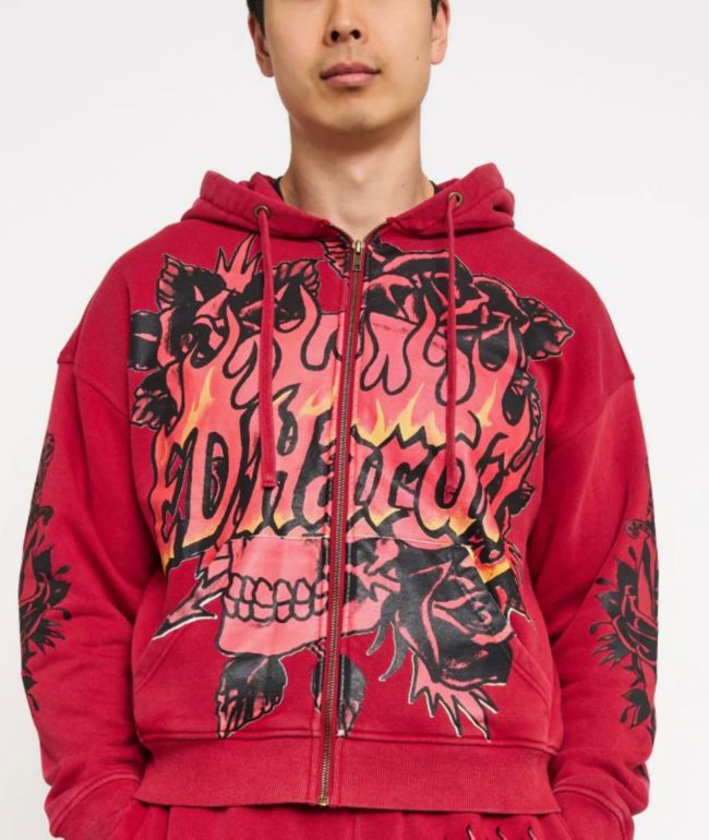 Ed Hardy Skull Flowers Red Wash Zip Hoodie - Ed Hardy