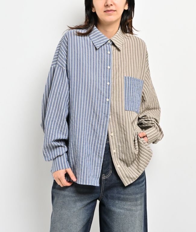 Daisy Street Mixed Stripe Blue & Tan Long Sleeve Button Up Shirt - Daisy Street