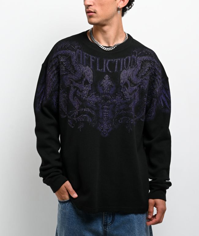 Affliction Winged Up Rhinestone Purple Oversized Thermal Long Sleeve T-Shirt - Affliction