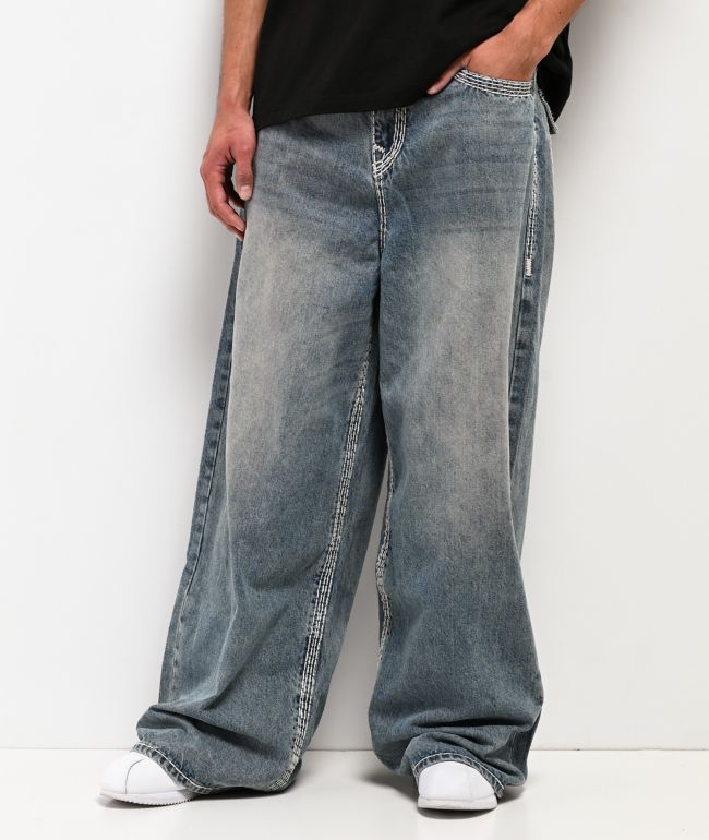 True Religion Mikey Super QT Flap Gridiron Blue Wash Ultra Wide Jeans - True Religion