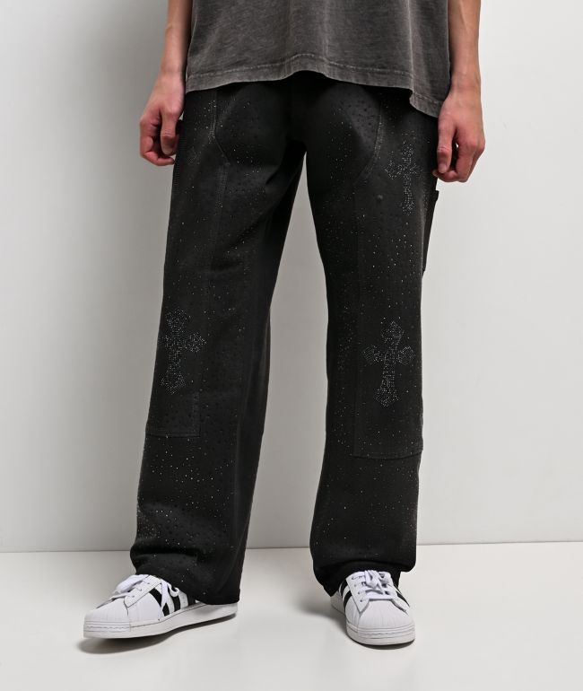 American Stitch Cross Rhinestone Double Knee Black Carpenter Jeans - American Stitch