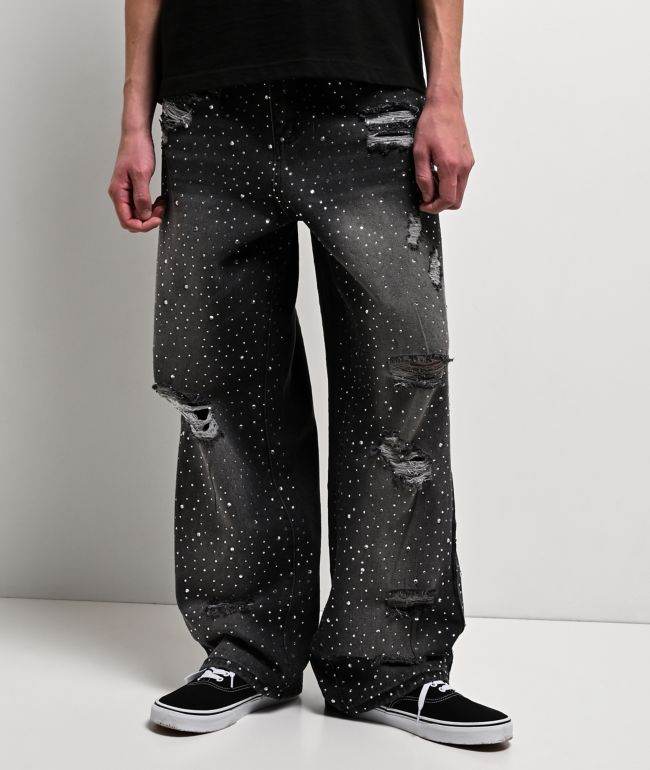 American Stitch Distressed Rhinestone Grey Wash Jeans - American Stitch