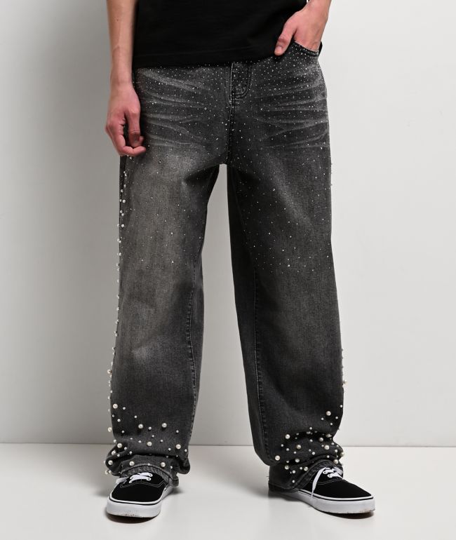 American Stitch Pearl Rhinestone Grey Wash Baggy Jeans - American Stitch
