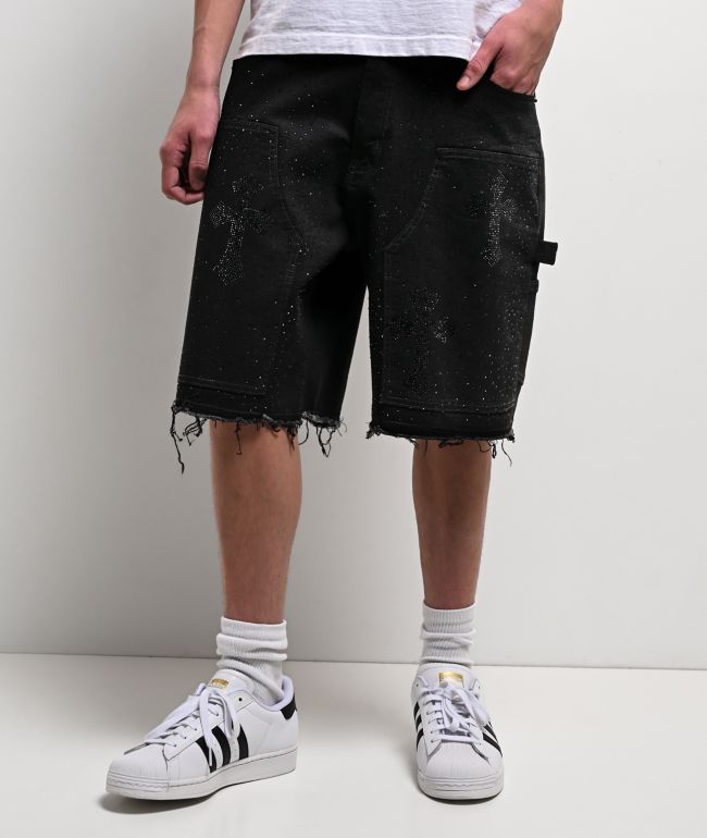 American Stitch Cross Rhinestone Double Knee Black Carpenter Shorts - American Stitch