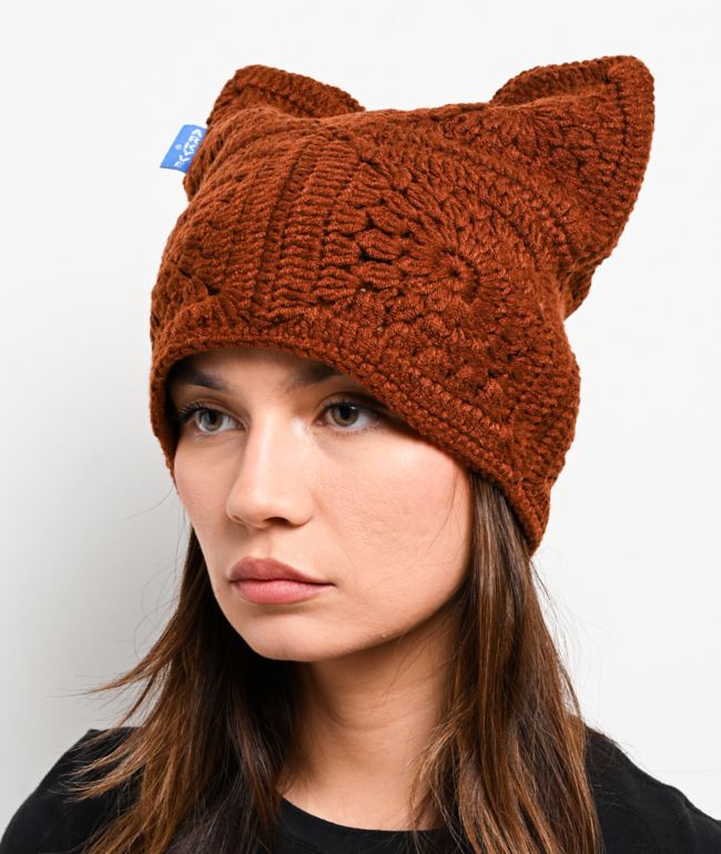 Arkyve Natural Brown Crochet Cat Beanie - ARKYVE