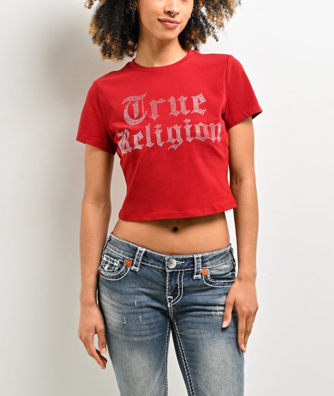 True Religion Crystal Logo Red Crop T-Shirt - True Religion