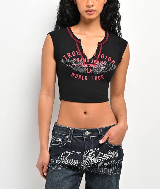 True Religion Crystal Wing V Notch Black Crop T-Shirt - True Religion