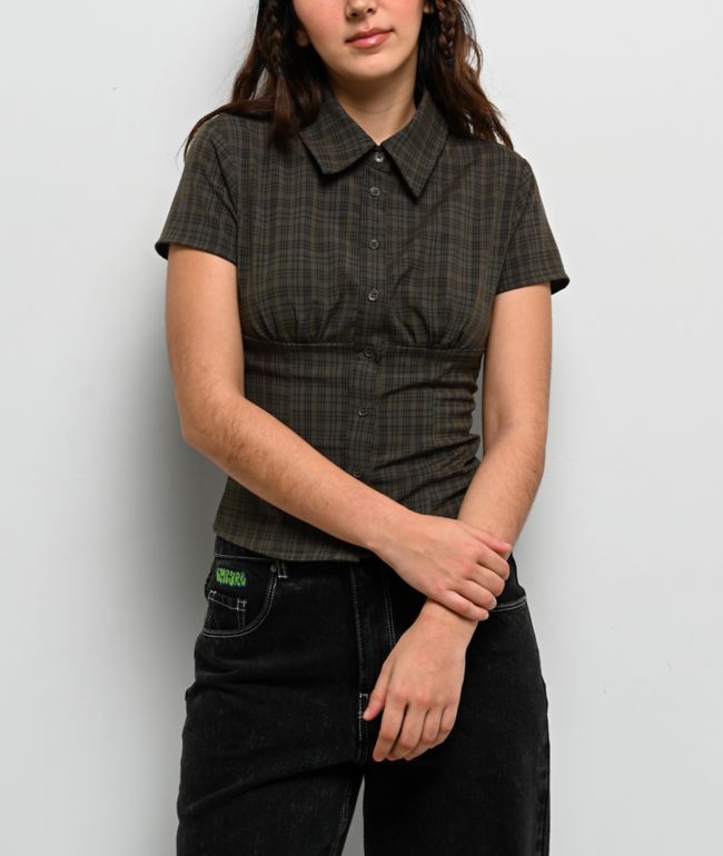 Pretty Garbage Loraine Olive Button Up Crop Top - Pretty Garbage
