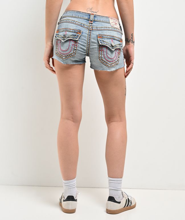 True Religion Joey Super T Flap Light Blue Wash Low Rise Shorts - True Religion