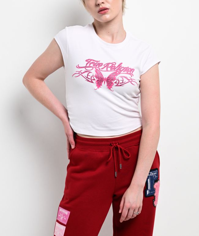 True Religion Butterfly Ruched White Crop T-Shirt - True Religion