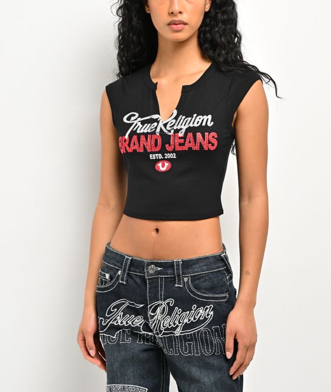 True Religion Crystal Logo Notch Rib Crop T-Shirt - True Religion
