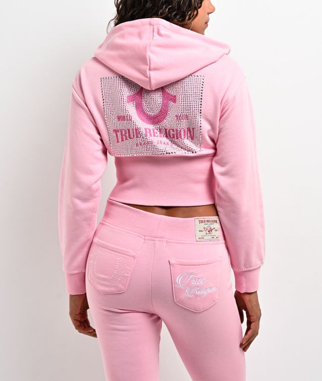True Religion Big T High Waistband Pink Crop Zip Hoodie - True Religion