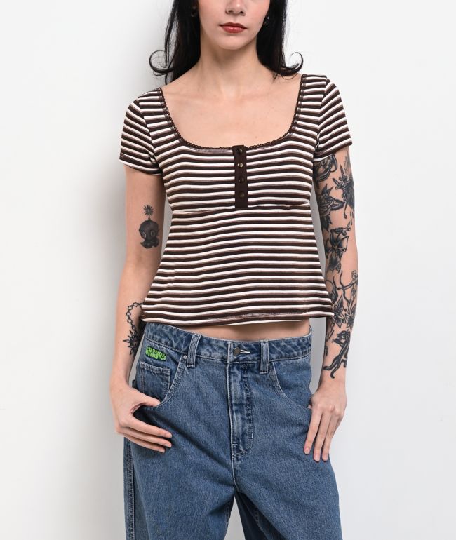 Pretty Garbage Juno Brown Henley Crop T-Shirt - Pretty Garbage