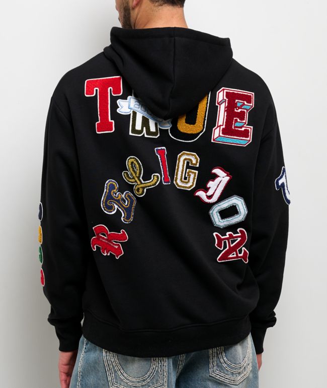 True Religion Multi Letter Logo Patch Black Hoodie - True Religion