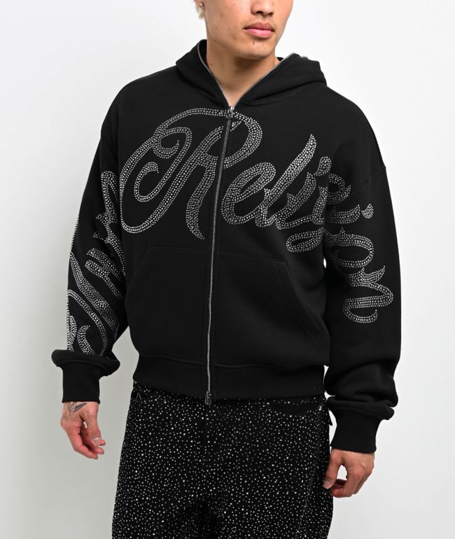 True Religion Rhinestone Script Black Boxy Bodybag Hoodie  - True Religion