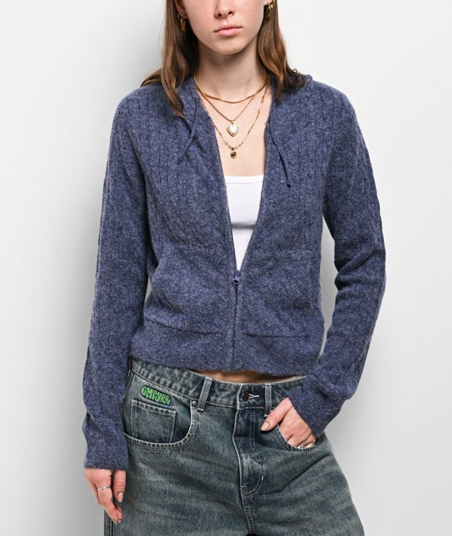 Hooked Up Blue Cable Knit Crop Zip Hooded Sweater - 
