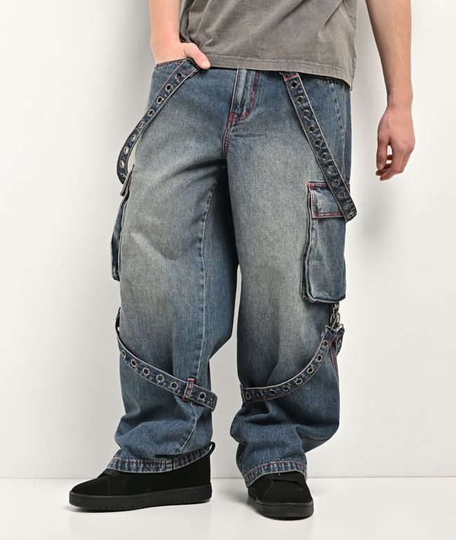 Vitriol Void Strappy Blue Wash Wide Leg Cargo Jeans - Vitriol