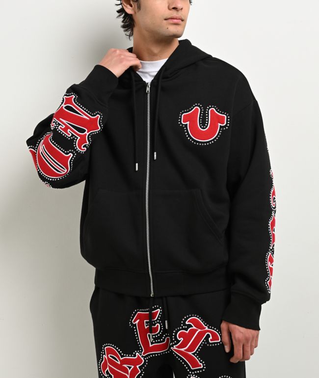 True Religion Old English Patch Black Boxy Zip Hoodie - True Religion