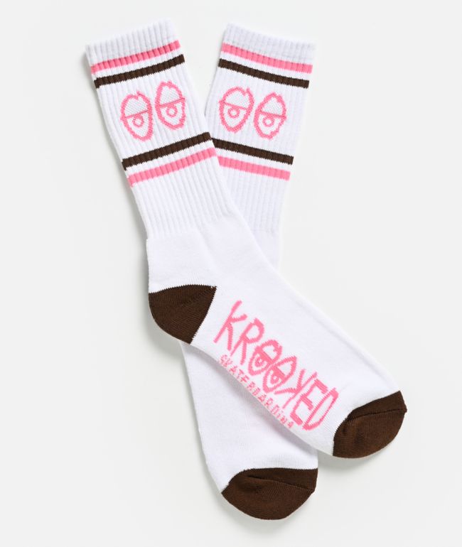 Krooked Eyes White, Pink & Brown Crew Socks - Krooked Skateboards