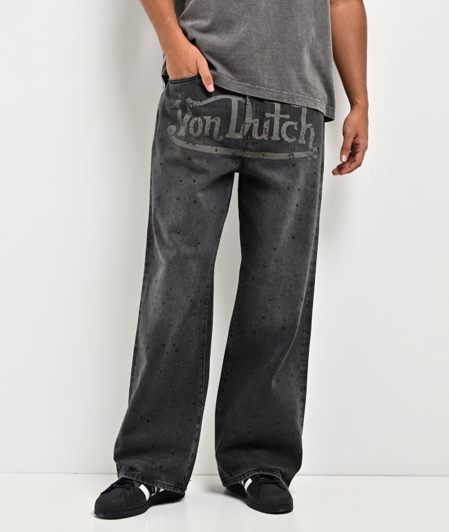 Von Dutch x Broken Promises Night Sky Rhinestone Black Wash Straight Leg Jeans  - Von Dutch