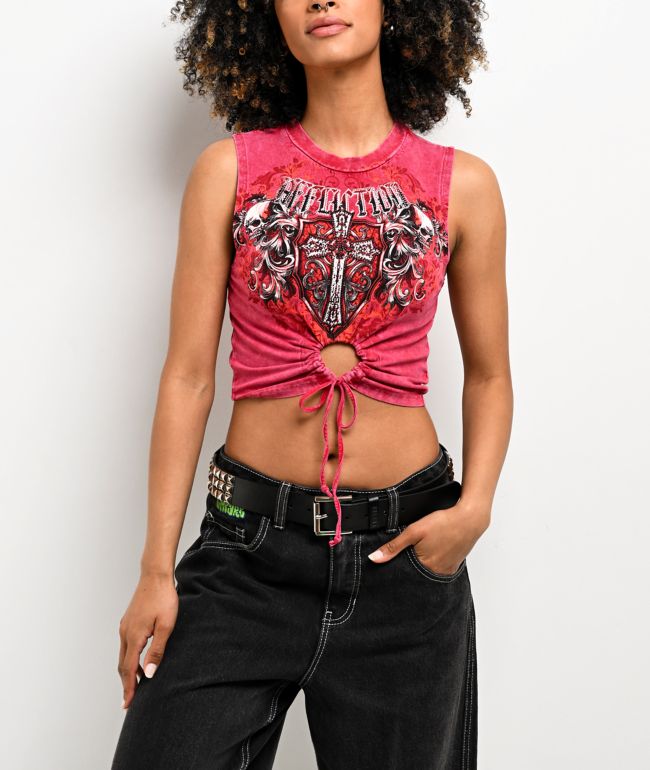 Affliction Rival Chaos Tie Front Red Wash Crop Tank Top - Affliction