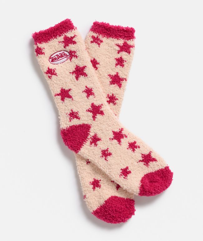 Von Dutch Fuzzy Stars Natural & Pink Crew Socks - Von Dutch
