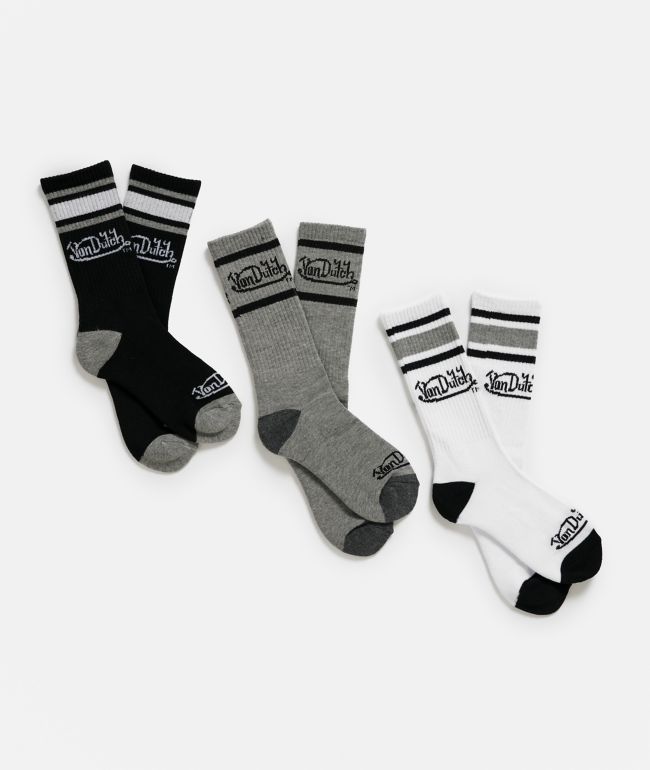 Von Dutch Oval Stripe 3 Pack White, Grey & Black Crew Socks - Von Dutch