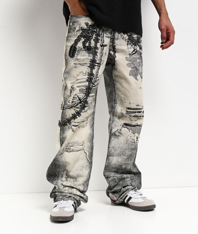 Decibel Printed Grey Straight Leg Jeans - Decibel