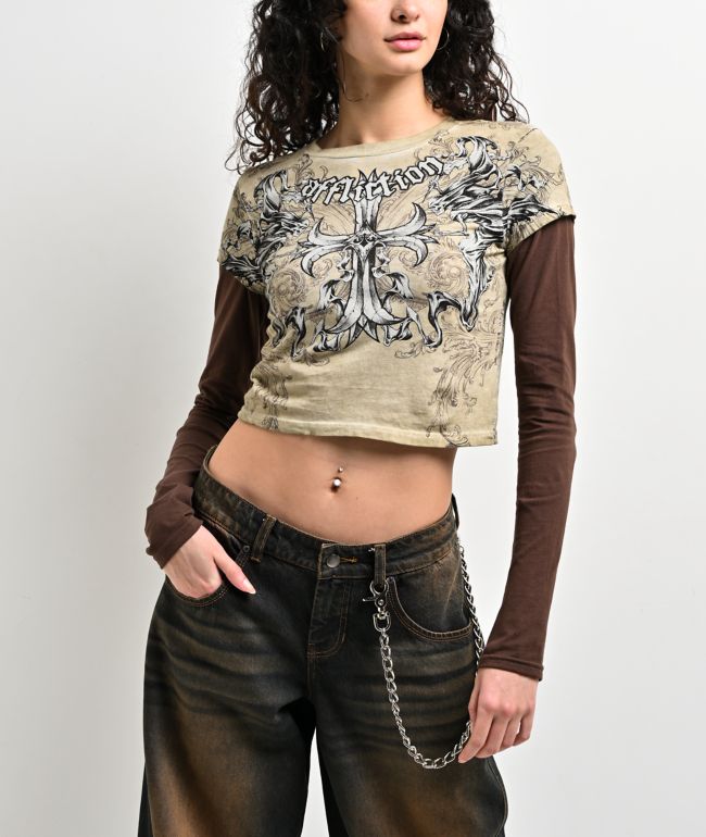Affliction Jump Brown 2fer Long Sleeve Crop T-Shirt - Affliction