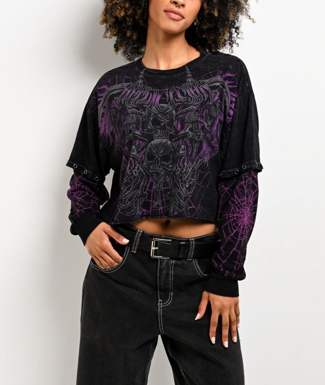 Affliction Darkness Falls Black Wash 2Fer Long Sleeve Crop T-Shirt - Affliction