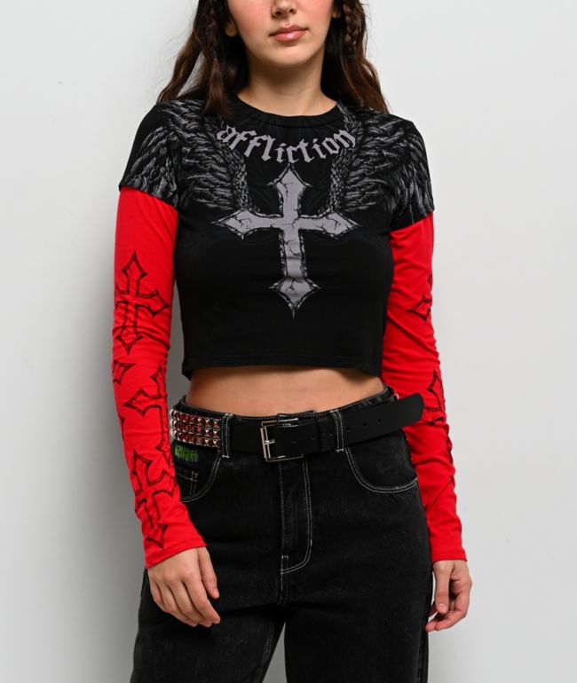 Affliction Criss Cross Black & Red 2fer Long Sleeve Crop T-Shirt - Affliction