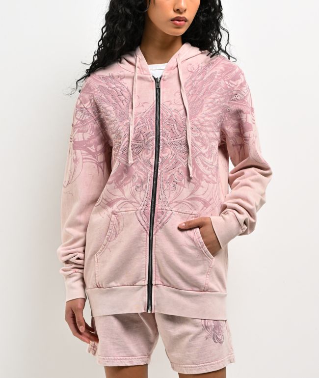 Affliction Ayala Rhinestone Pink Wash Zip Hoodie - Affliction