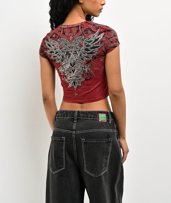 Affliction Divine Sorrow Dark Red Wash Crop T-Shirt - Affliction