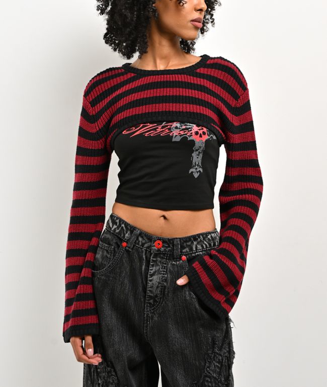 Vitriol Scarlet Stripe Black & Red Shrug Crop Tank Top Set - Vitriol