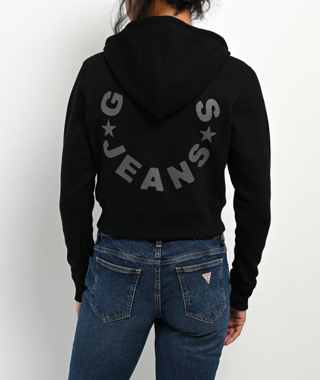 Guess Jeans Star Print Waffle Black Crop Zip Hoodie - Guess