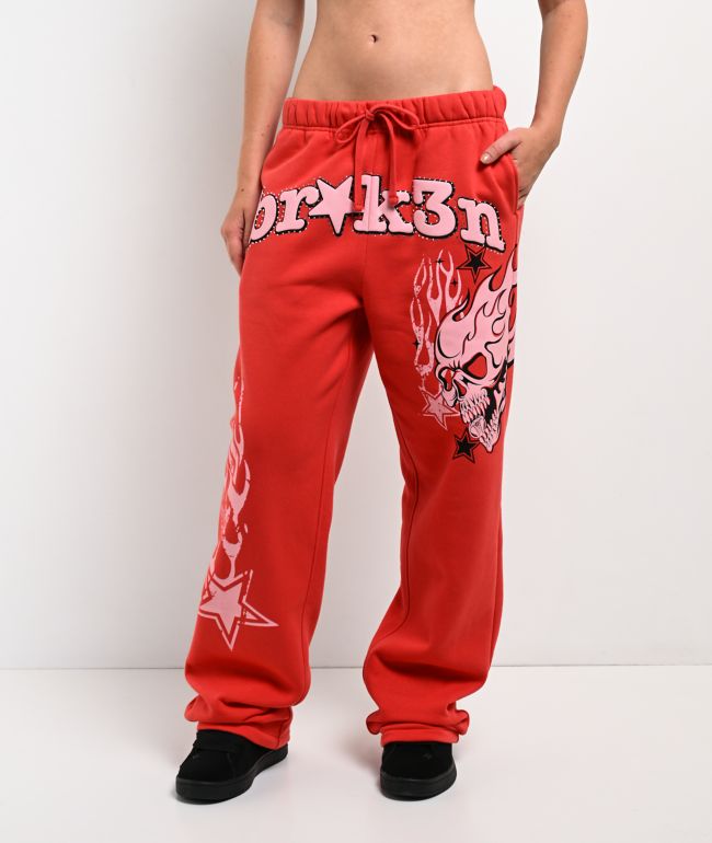 Broken Promises Shooting Star Rhinestone Red Sweatpants - Broken Promises