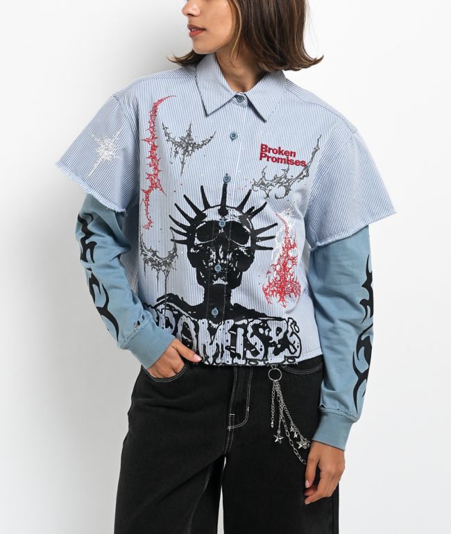 Broken Promises Liberty Blue & White 2fer Long Sleeve Crop Shirt - Broken Promises