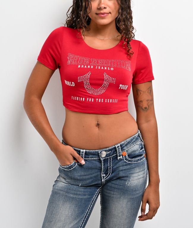 True Religion Crystal Horseshoe Spicy Red Crop T-Shirt - True Religion