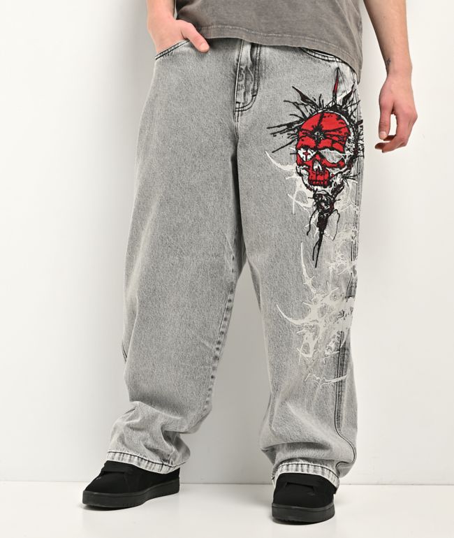 Vitriol Void Cyber Skull Grey Wide Leg Jeans - Vitriol