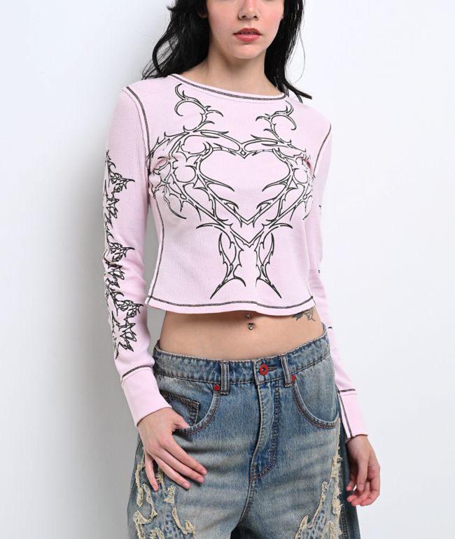 Vitriol Theo Heart Pink Thermal Long Sleeve Crop T-Shirt - Vitriol