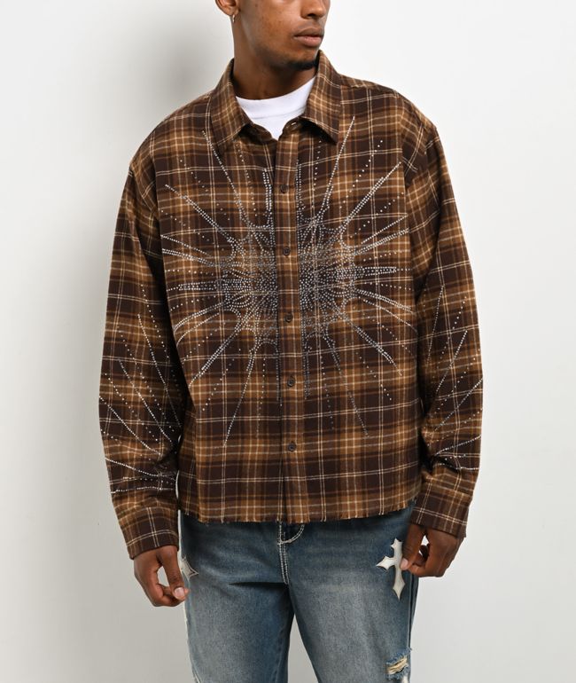 Ninth Hall Rhinestone Brown Long Sleeve Flannel Shirt - Ninth Hall