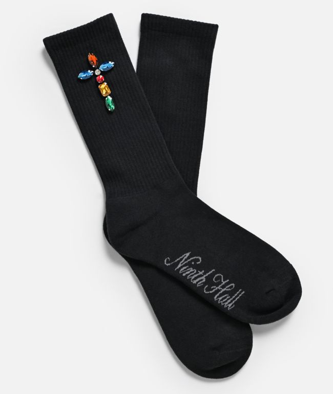 Ninth Hall Bejeweled Rhinestone Black Crew Socks - Ninth Hall