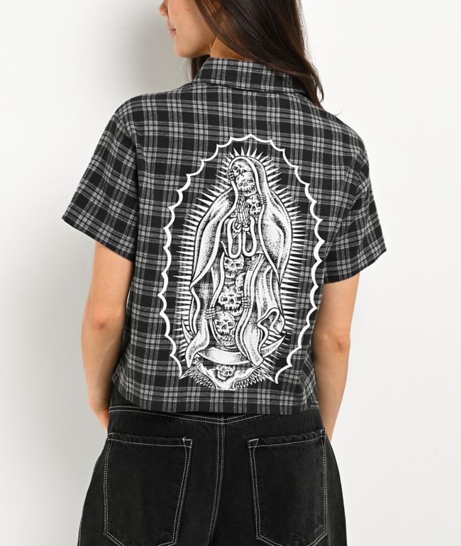 Lurking Class by Sketchy Tank Muerte Black & Grey Plaid Button Up Crop Shirt - Lurking Class by Sketchy Tank