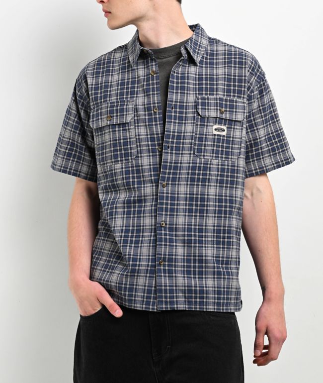 Billabong Bad Dog Plaid Blue & Grey Short Sleeve Button Up Shirt - Billabong