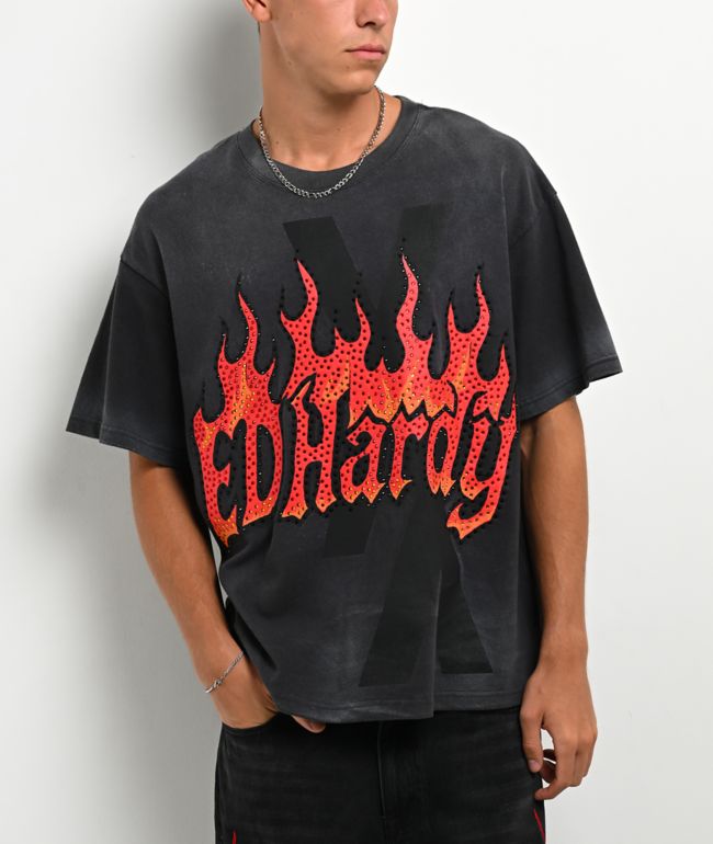 Ed Hardy x EST 19XX Rhinestone Flames Vintage Black T-Shirt - Ed Hardy