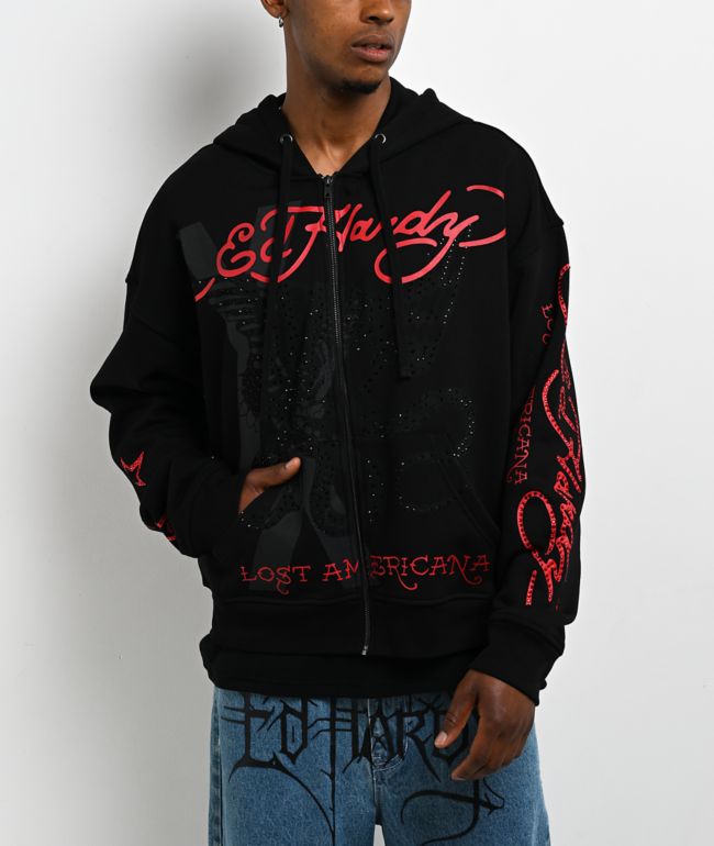 Ed Hardy x MGK Flames Rhinestone Black Zip Hoodie - Ed Hardy