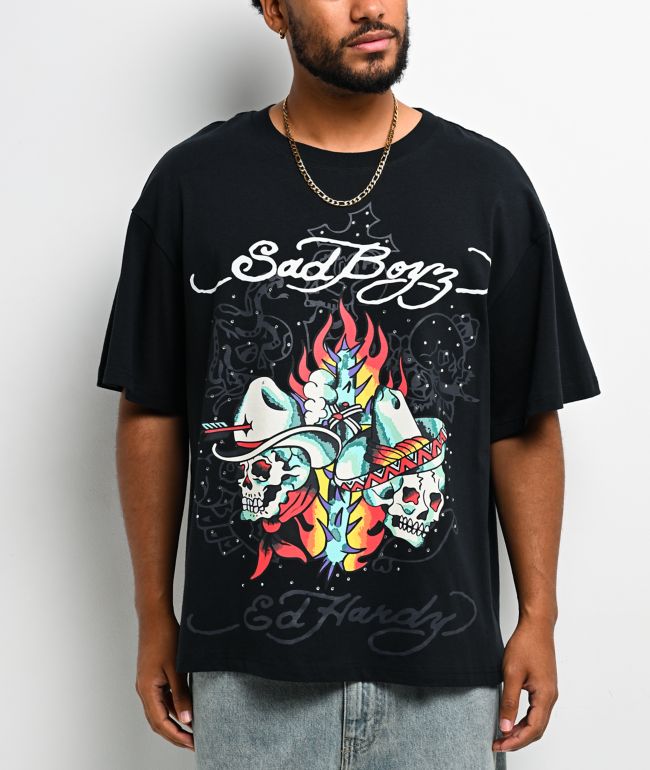 Ed Hardy x $AD BOYZ by Junior H Western Rhinestone Black T-Shirt - Ed Hardy